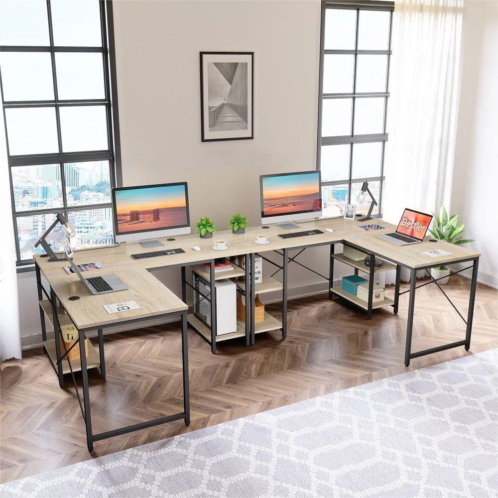 86.6 Inch L Shape Desk With Shelf 2 Persons Long Table Black