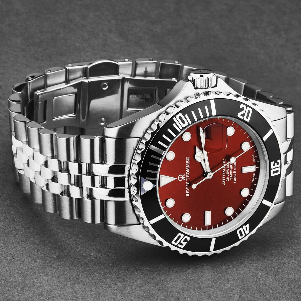 Revue Thommen Men's 'Diver' Red Dial Stainless Steel Bracelet Automatic Watch 17571.2238