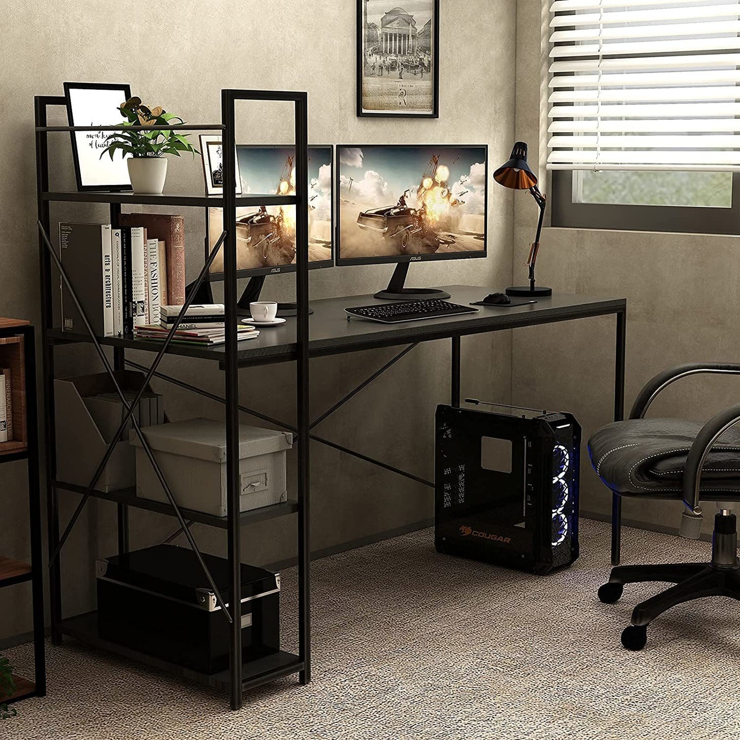 Computer Desk 48" with Storage Shelves Student Study Writing Table for Home Office Modern Simple Style PC Laptop Table Rustic Black Metal Frame Black