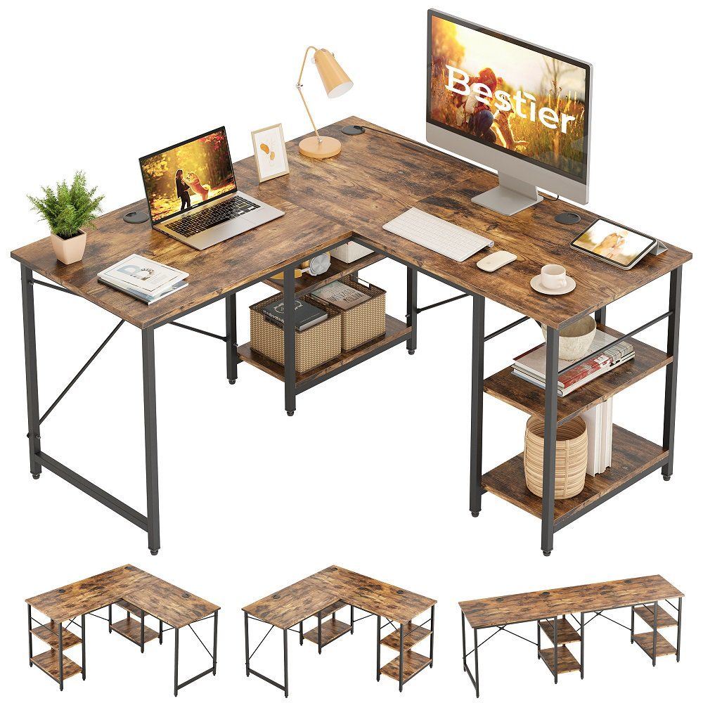 86.6 Inch L Shape Desk With Shelf 2 Persons Long Table Black