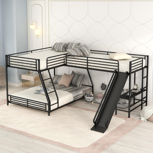 L-Shaped Twin over Full Bunk Bed with Twin Size Loft Bed; Built-in Desk and Slide; Black
