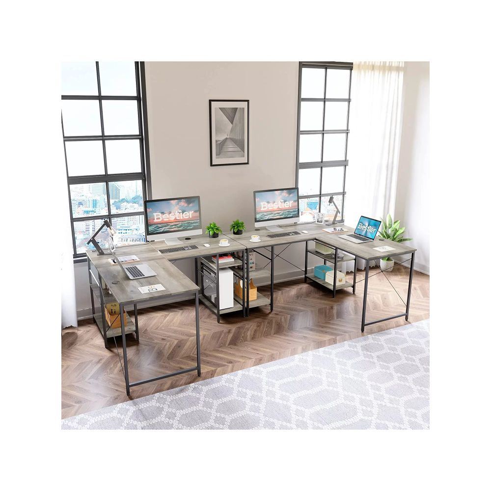 86.6 Inch L Shape Desk With Shelf 2 Persons Long Table Black