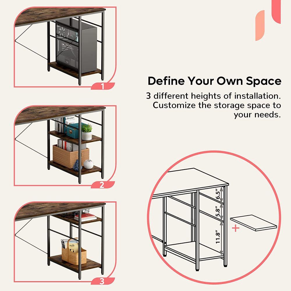 86.6 Inch L Shape Desk With Shelf 2 Persons Long Table Black