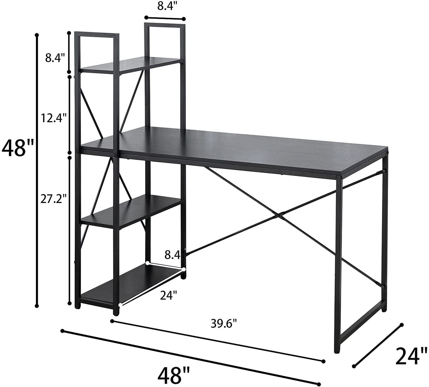 Computer Desk 48" with Storage Shelves Student Study Writing Table for Home Office Modern Simple Style PC Laptop Table Rustic Black Metal Frame Black