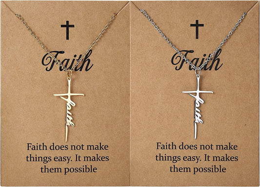 2PCS Faith Cross Necklace Blessed Hope Strength Pendant Necklace Silver Gold Stainless Cross Necklace Christian Religious Inspirational Gift for Women Girls