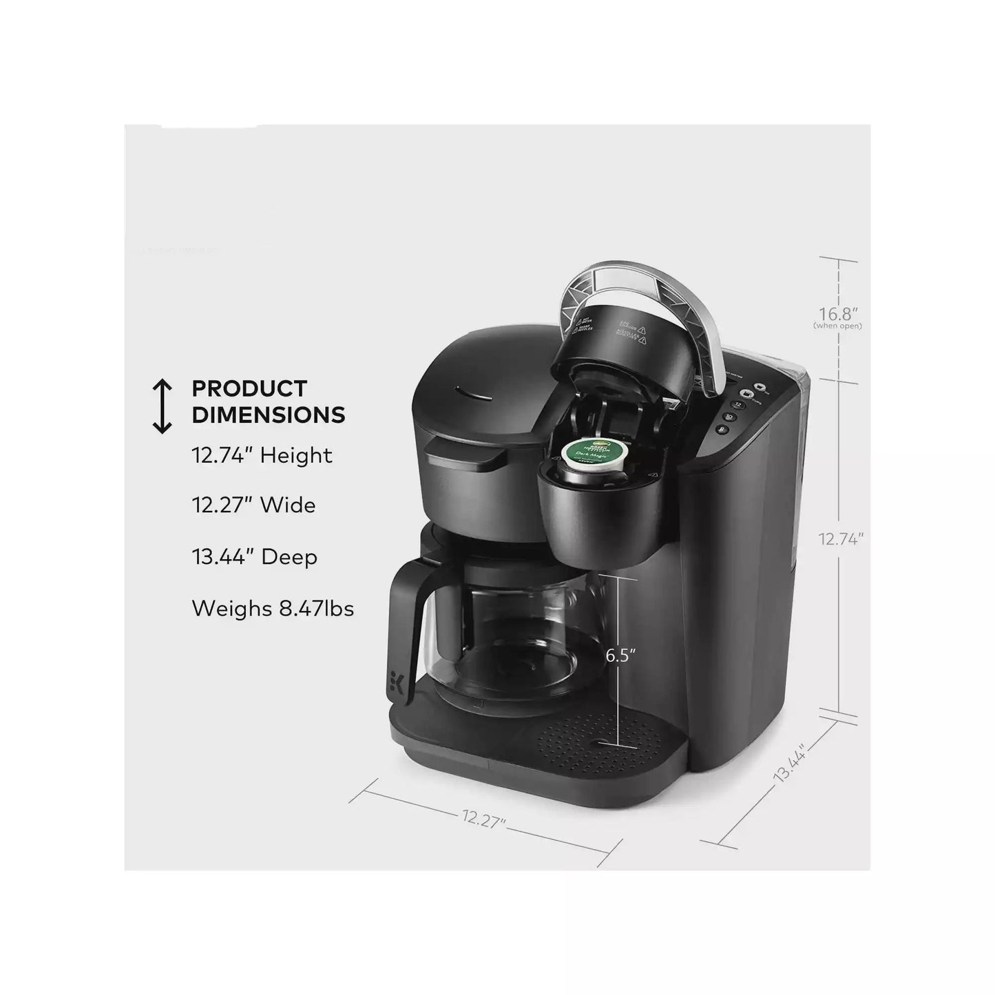 Black single serve and carafe coffee maker