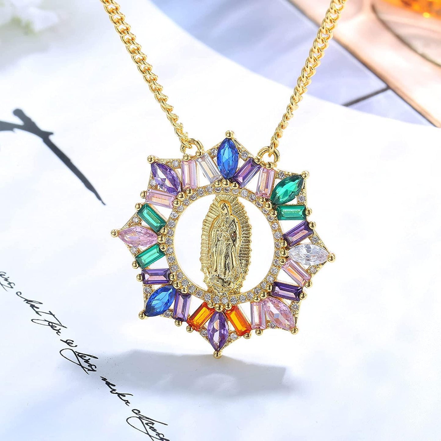 18K Gold Plated Cross Necklace for Women Virgin Mary Pendant Necklace Rainbow Cubic Zirconia Inlaid Catholic Christian Jewelry