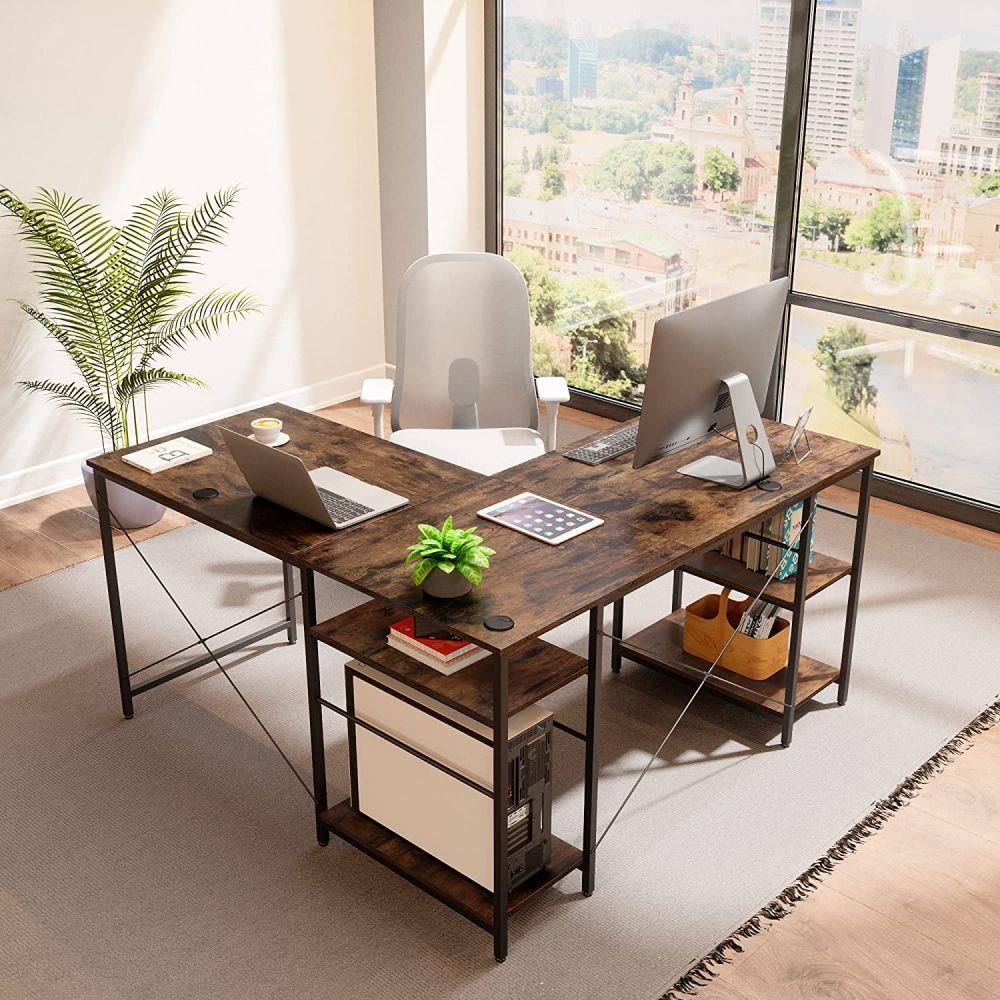 86.6 Inch L Shape Desk With Shelf 2 Persons Long Table Black