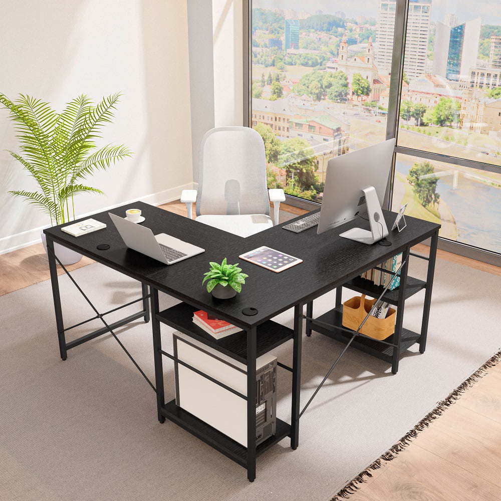 86.6 Inch L Shape Desk With Shelf 2 Persons Long Table Black