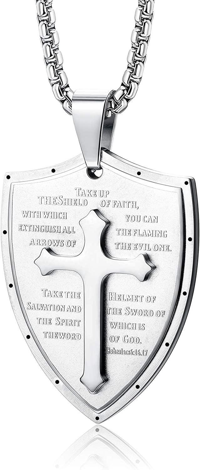 Cross Necklace for Men Shield Armor of God Ephesians 6:16-17; Stainless Steel Faith Pendant Necklace Christian Jewelry