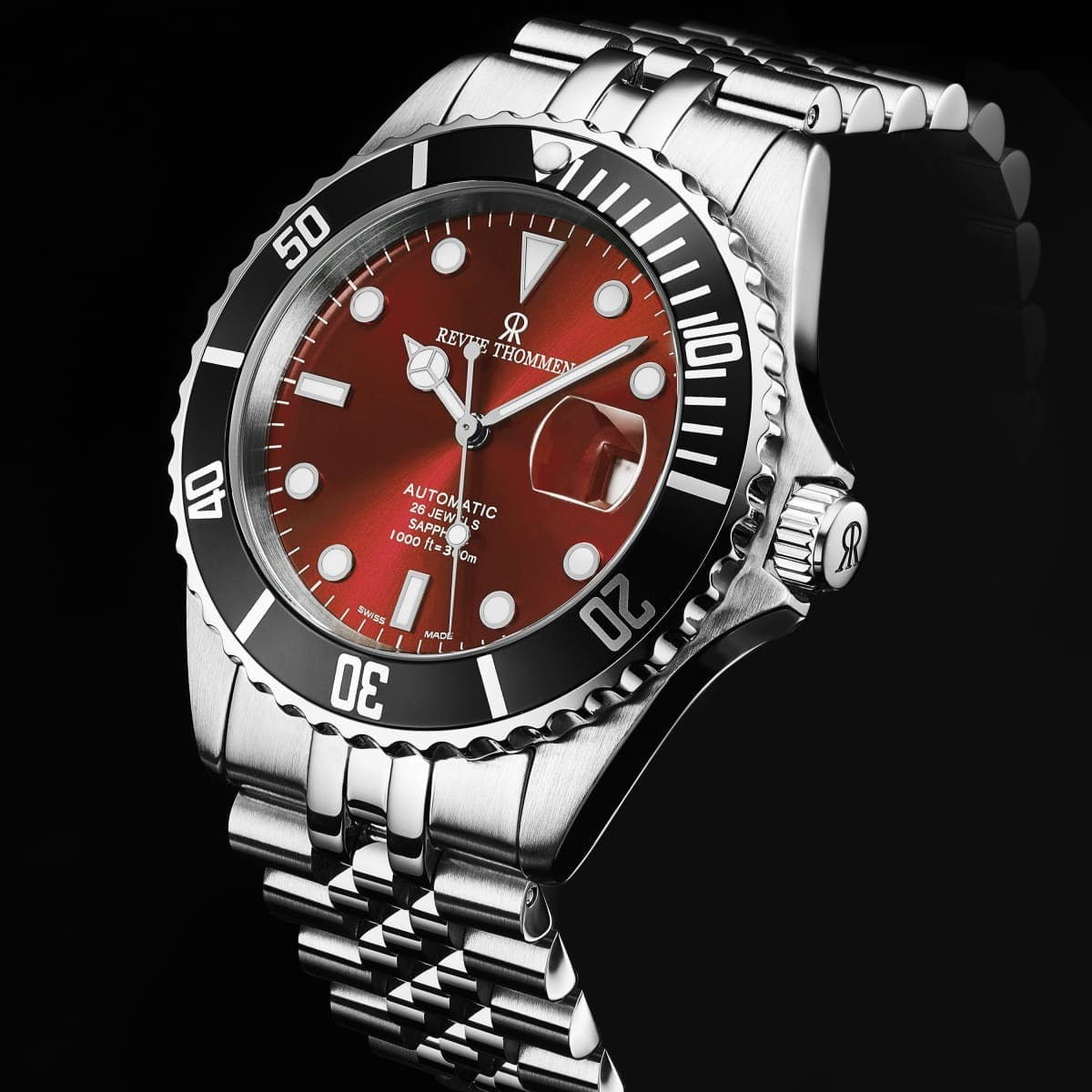 Revue Thommen Men's 'Diver' Red Dial Stainless Steel Bracelet Automatic Watch 17571.2238