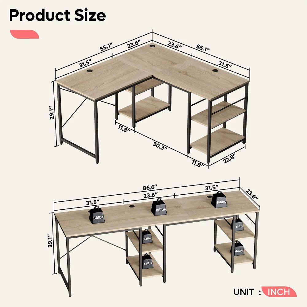 86.6 Inch L Shape Desk With Shelf 2 Persons Long Table Black