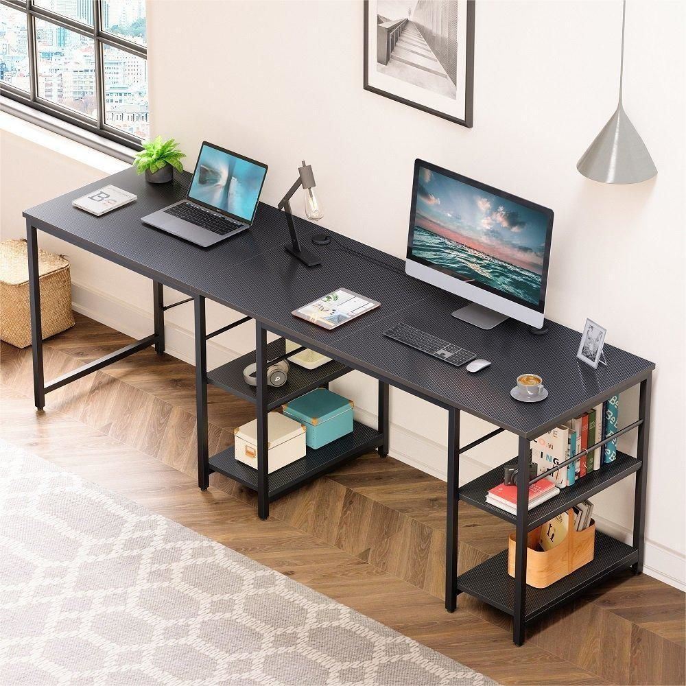 86.6 Inch L Shape Desk With Shelf 2 Persons Long Table Black