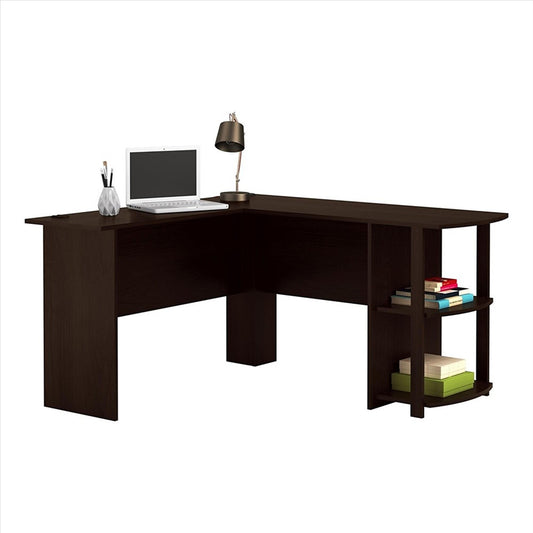FCH L-Shaped Wood Right-angle Computer Desk with Two-layer Bookshelves Dark Brown RT