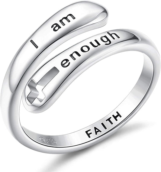 925 Sterling Silver Rings I am Enough Inspirational Rings Faith Christian Cross Encouragement Statement Rings for Women Men